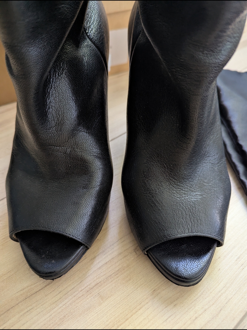 Acne Black Leather Peep-Toe Mid-Heel Ankle Boots - Picture 2 of 7